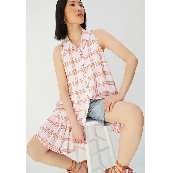 Anthropologie Maeve Flounced Mini Dress Button Front Sleeveless Pink Medium - Picture 5 of 14